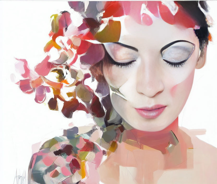 Colorful abstract brushstrokes blend with woman's face in artistic depiction