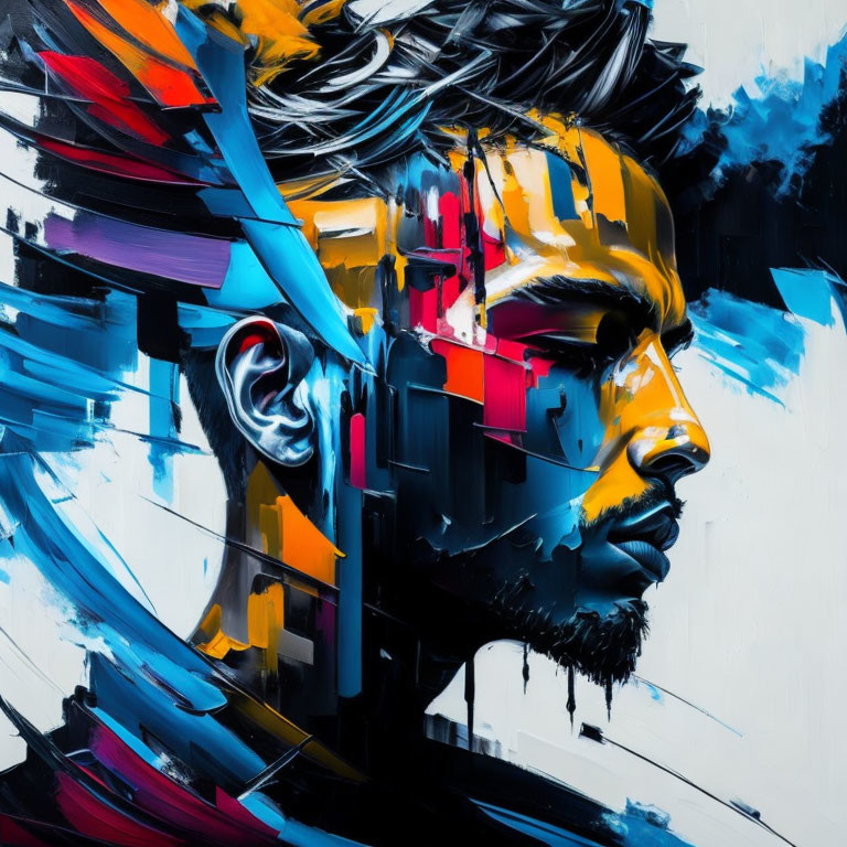 Vibrant abstract portrait with dynamic brush strokes in blue, black, and red tones