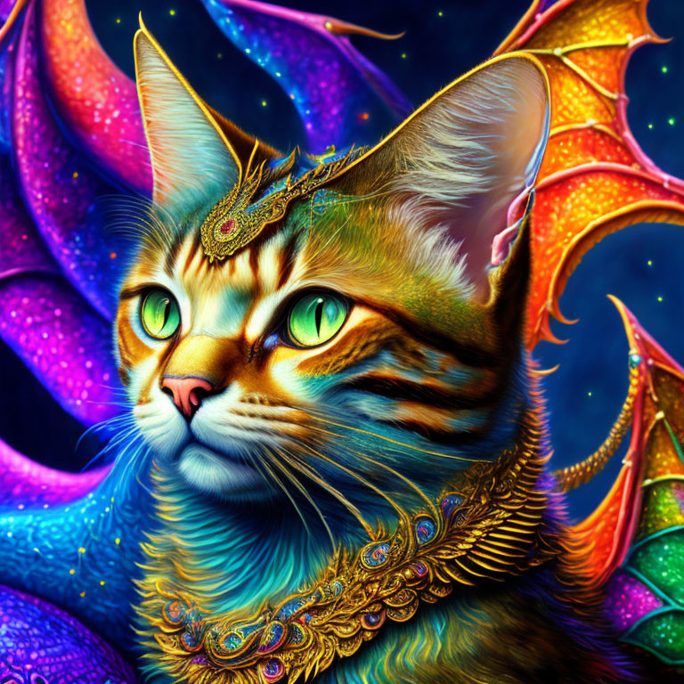 Majestic cat with dragon-like wings in fantasy illustration