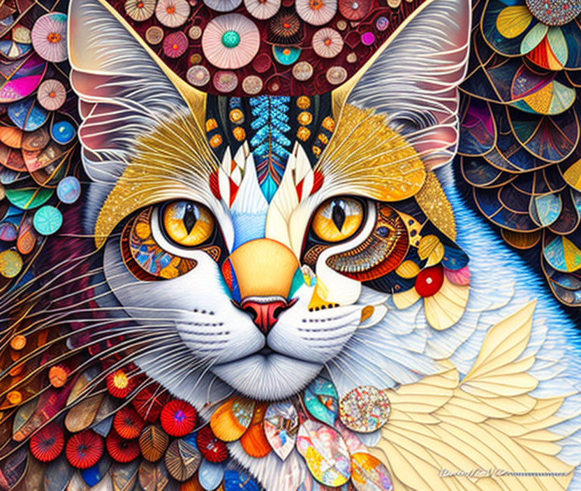 Colorful Cat Illustration with Mosaic-Inspired Patterns