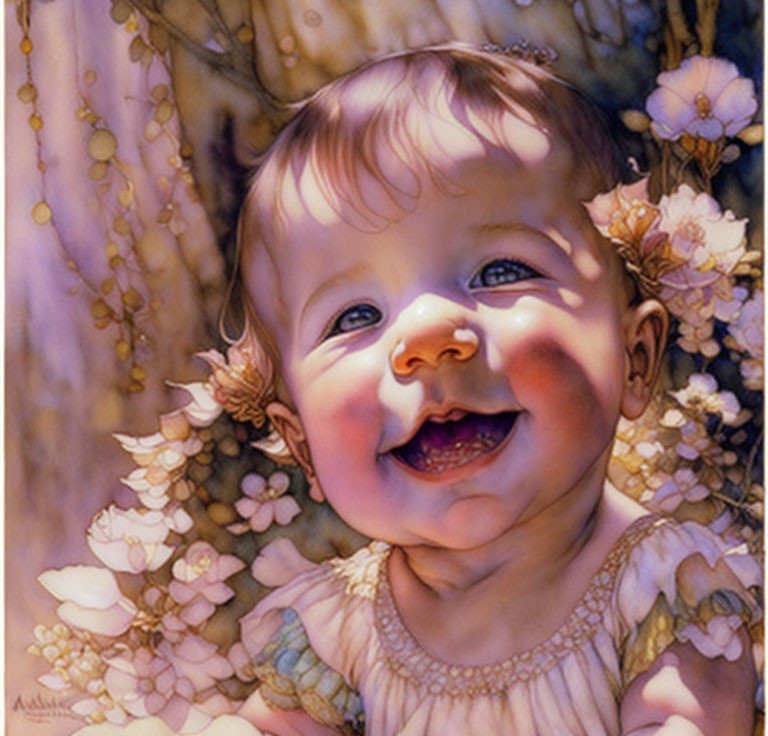 Smiling baby with pink flowers and soft light portrait