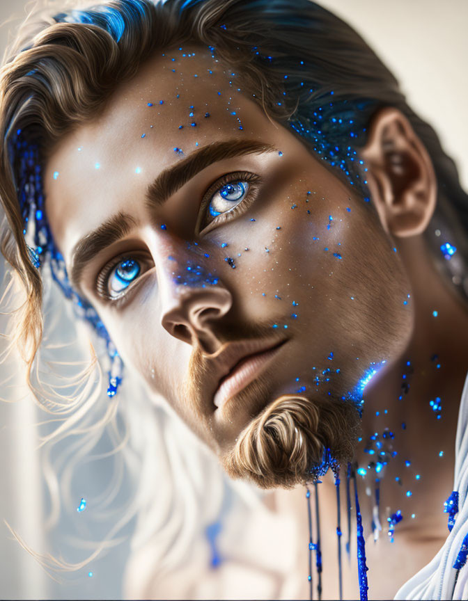 Digital artwork: Person with blue star-like patterns, bright blue eyes, flowing light hair - celestial theme