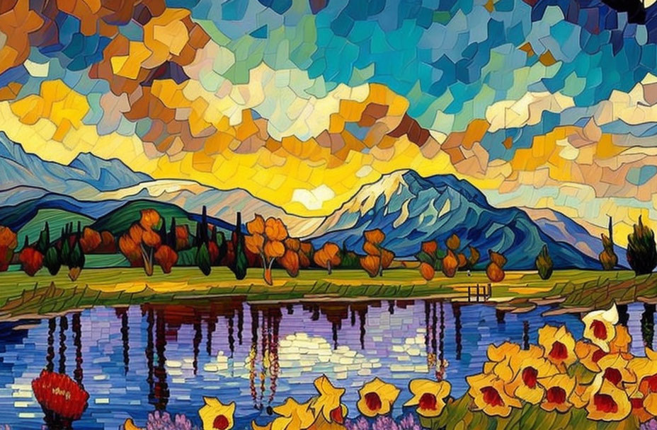 Vibrant painting of mountain landscape with lake and flowers