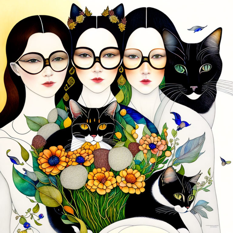 Colorful Artwork Featuring Stylized Women with Cat-Like Features