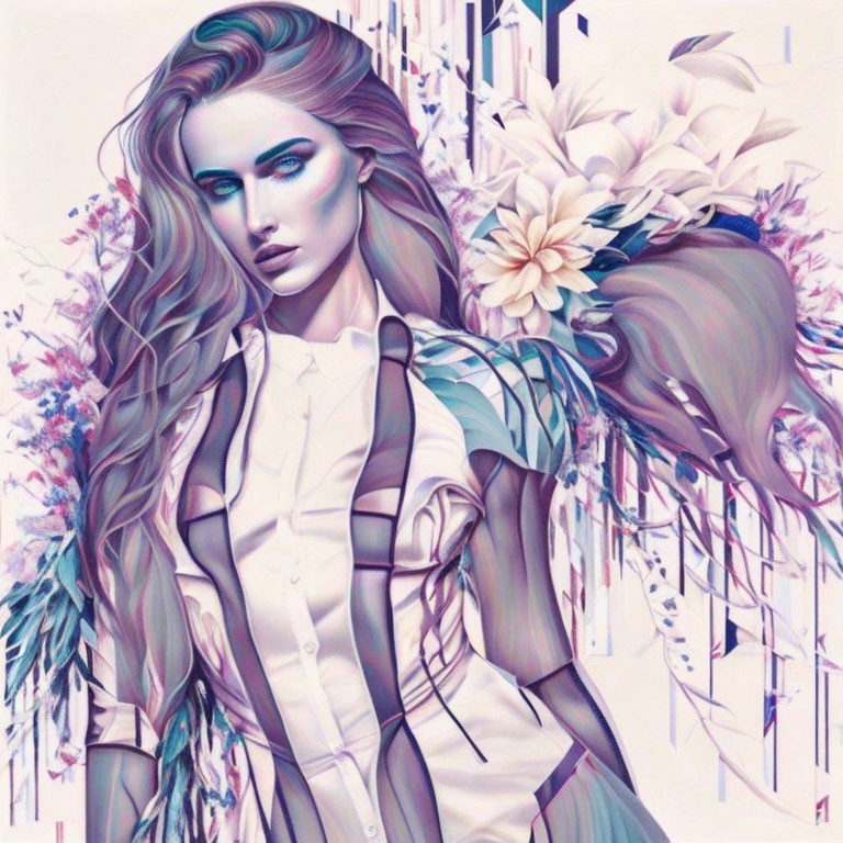 Stylized portrait of woman with long hair and blue eyes amid pastel flowers