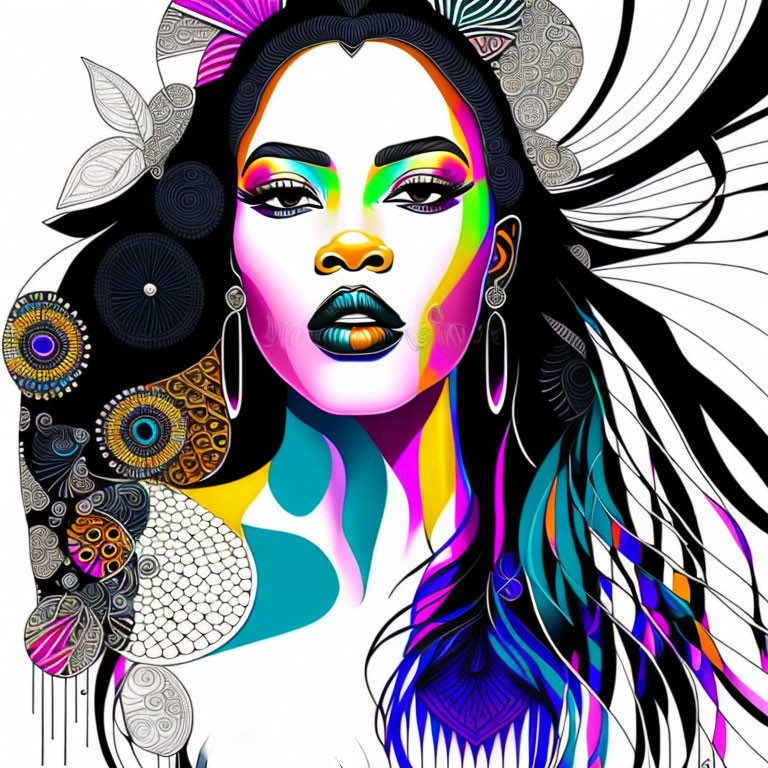 Vibrant illustration of a woman with elaborate patterns and vibrant makeup