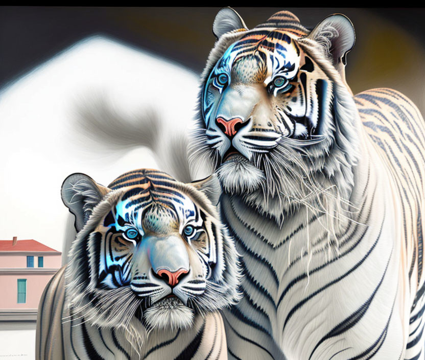 Detailed digital illustration of two tigers with vibrant fur and blue eyes in a soft-focused setting.