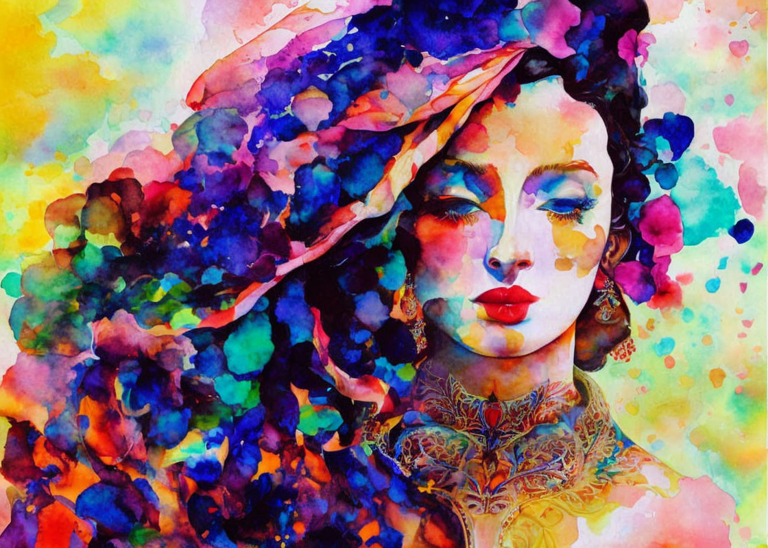 Colorful Watercolor Portrait of Woman with Flowery Hair and Neck Tattoo