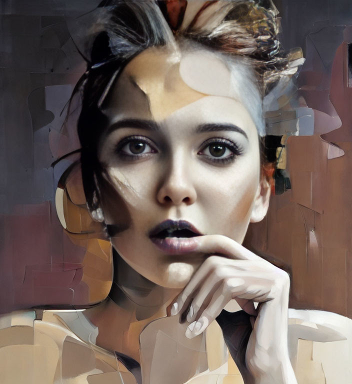 Dark-haired woman with striking eyes in fragmented cubist style.