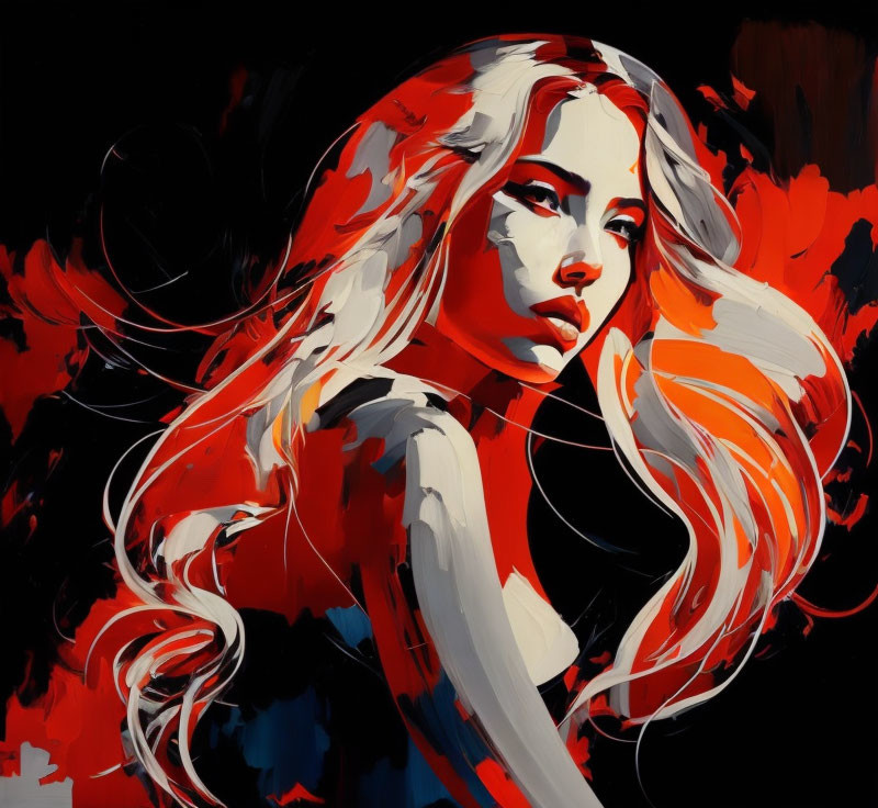 Vivid digital artwork: Woman with flowing hair in red, black, white palette