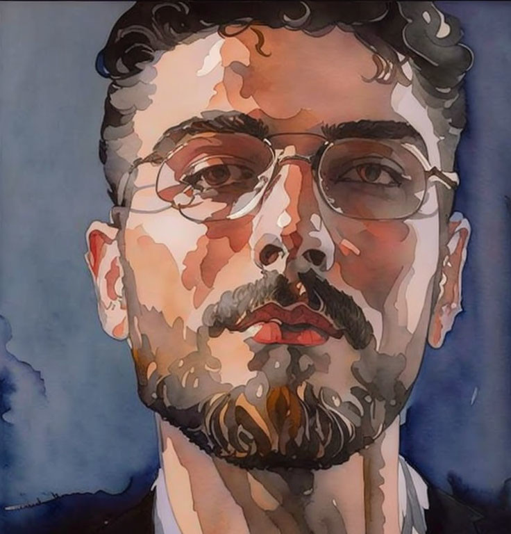 Stylized watercolor portrait of a man with glasses, curly hair, and a beard