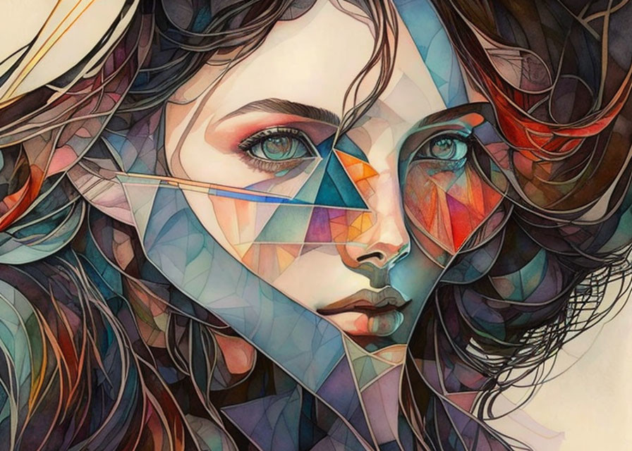 Abstract portrait with colorful geometric patterns and vibrant hues