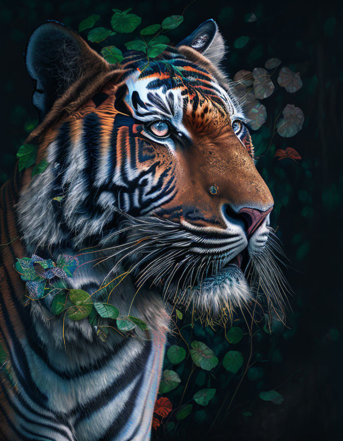 Majestic Tiger with Striking Orange, Black, and White Fur Amid Colorful Butterflies and