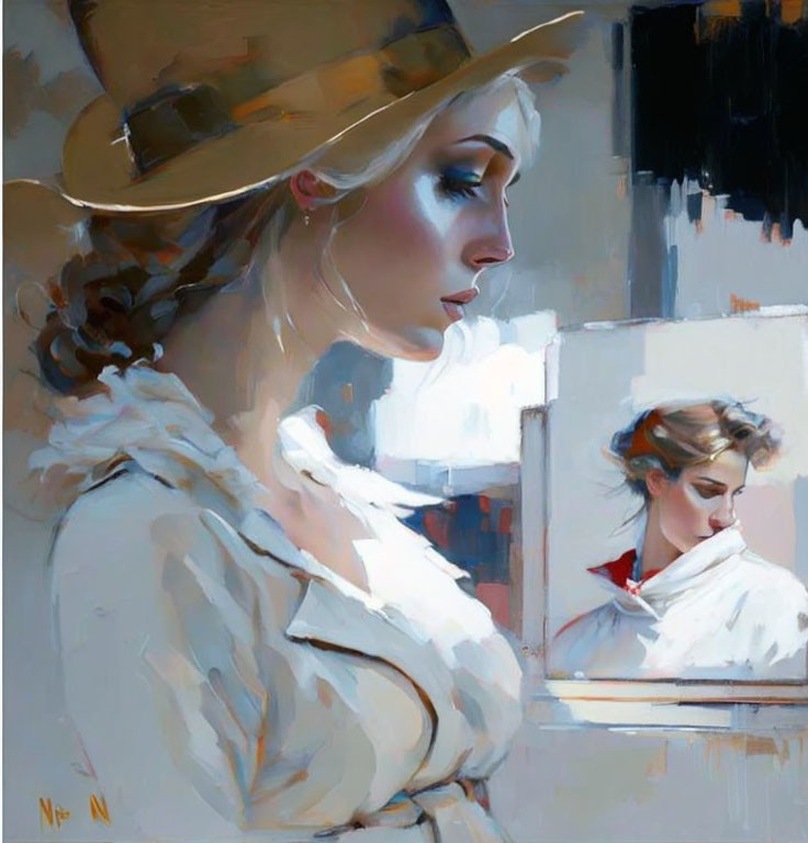 Portrait of a woman in hat, looking at mirror with white wrap and red detail