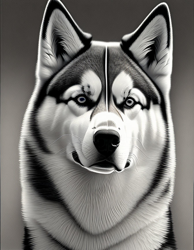 Monochrome image: Husky dog with blue eyes & symmetrical facial markings