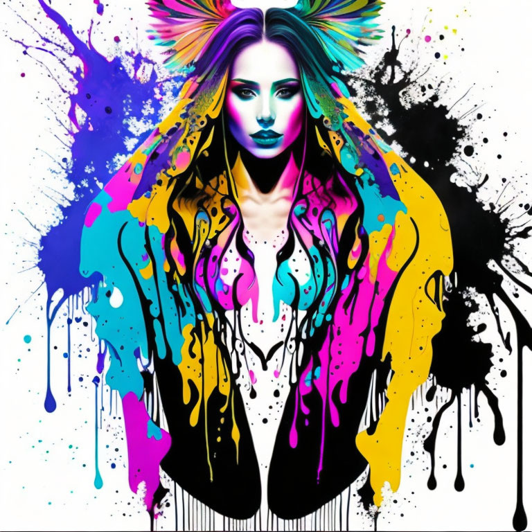 Colorful digital artwork: Woman with paint splashes and drips