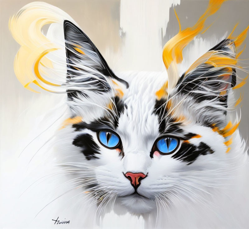 Colorful Artwork of White Cat with Blue Eyes and Yellow Strokes