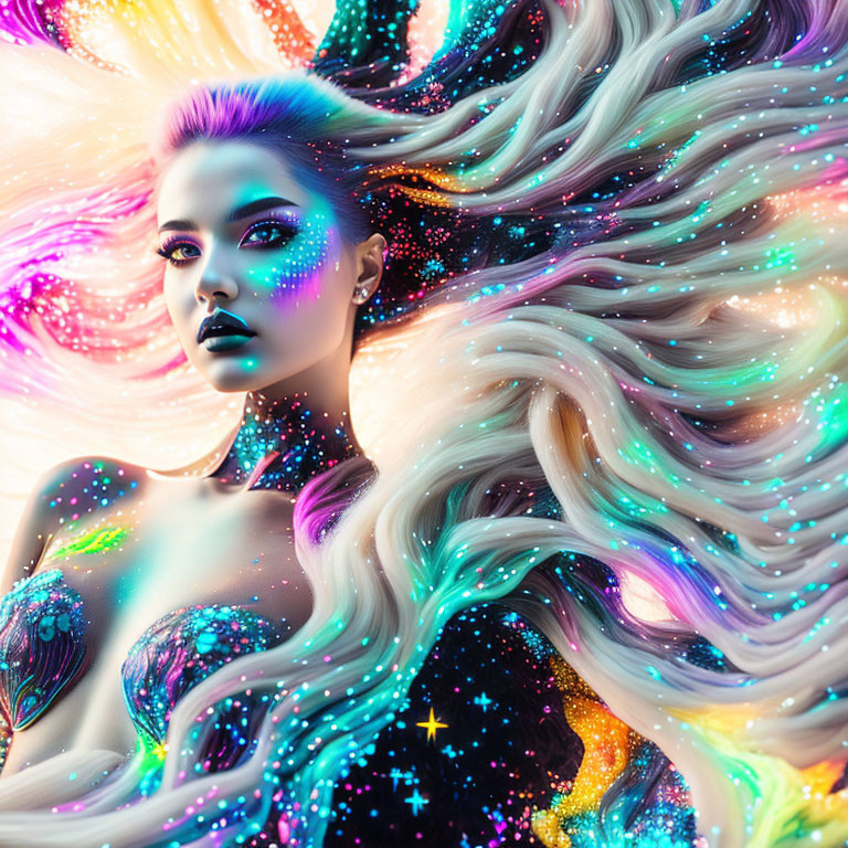 Vibrant woman with cosmic hair and starry skin pattern.