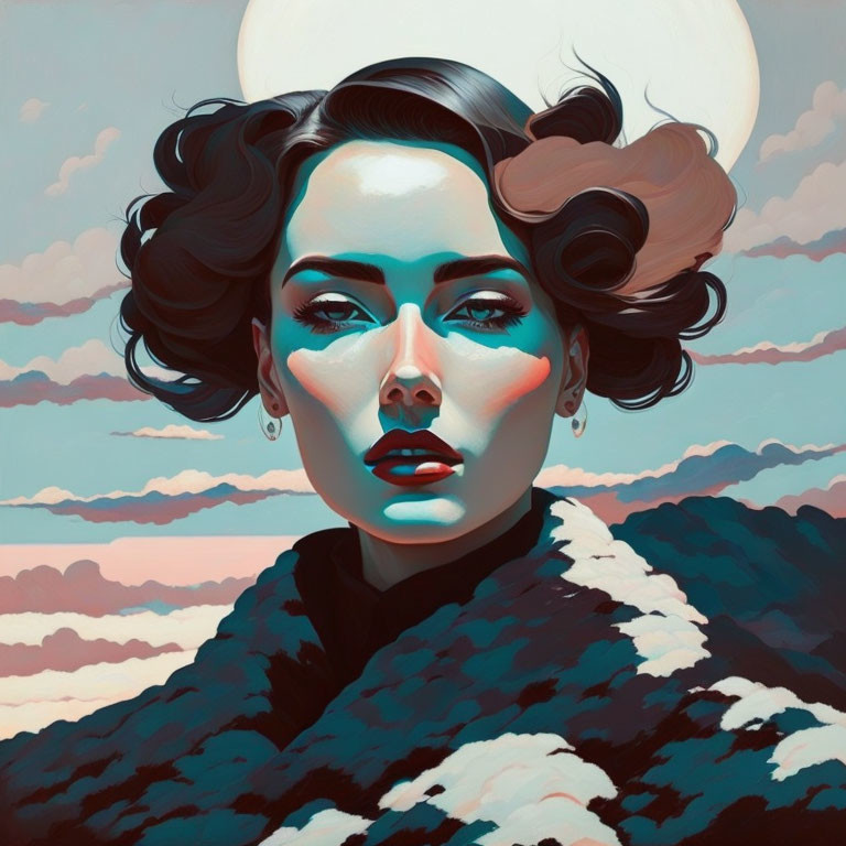 Stylized portrait of woman with curly hair in moonlit sky