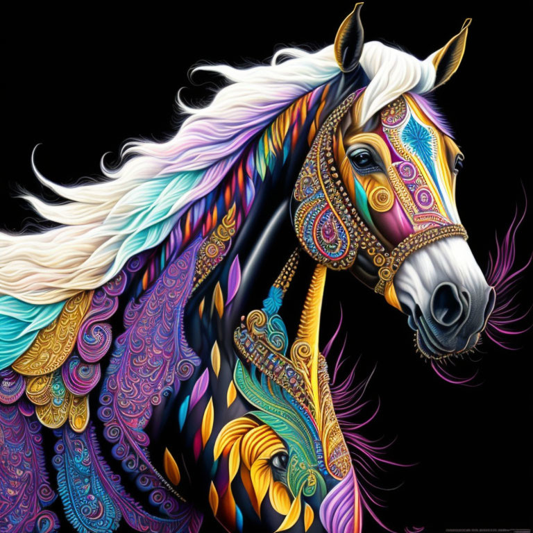 Colorful Horse Illustration with Intricate Patterns and Multicolored Mane on Black Background