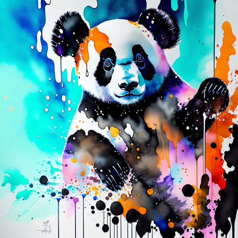 Vibrant watercolor painting of a panda with blue and orange splashes.