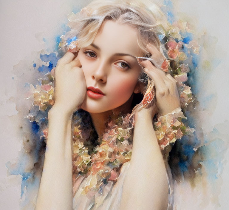 Woman portrait with dreamy expression and floral background