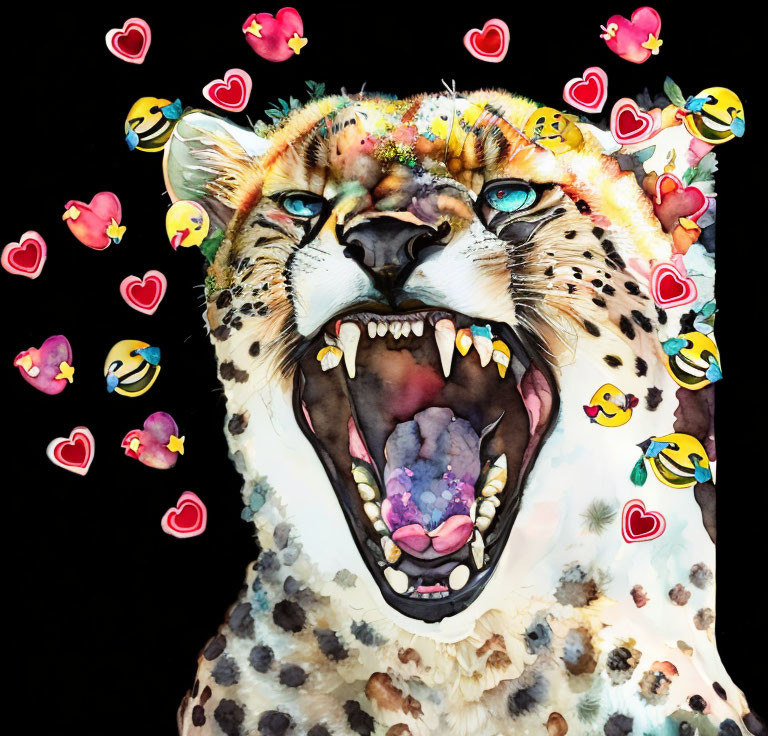 Colorful Leopard Head with Emoji Stickers on Black Background