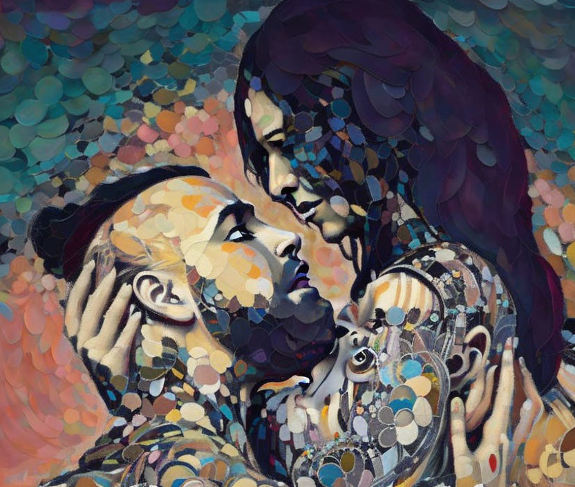 Colorful Mosaic-Style Painting: Woman Embracing Bald Man