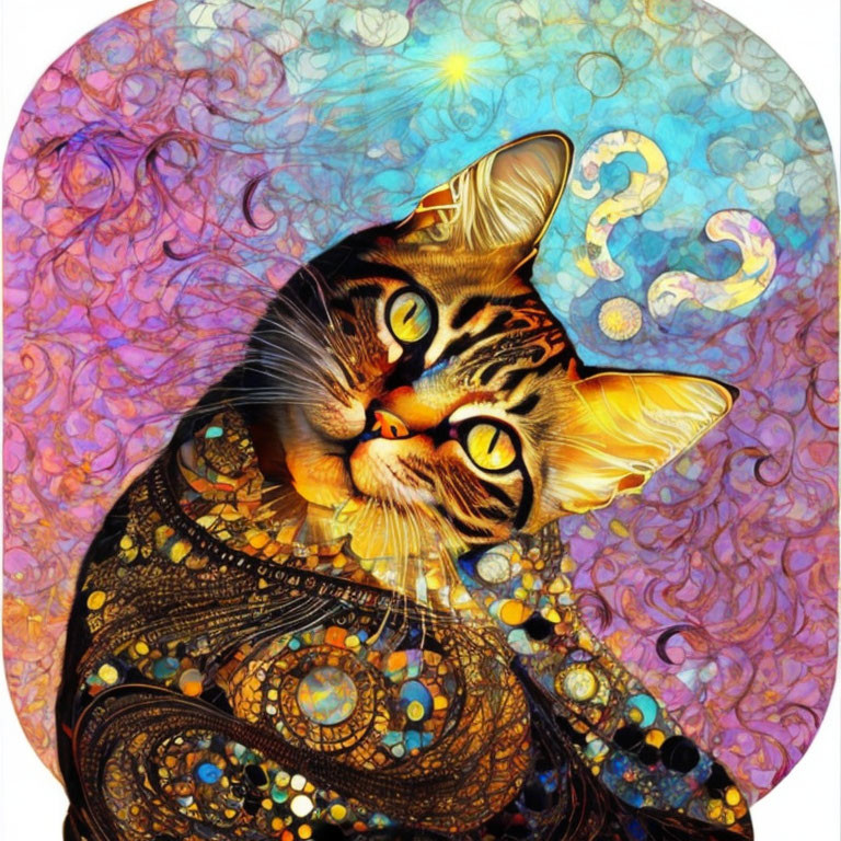 Colorful Tabby Cat Artwork with Gustav Klimt-Inspired Patterns