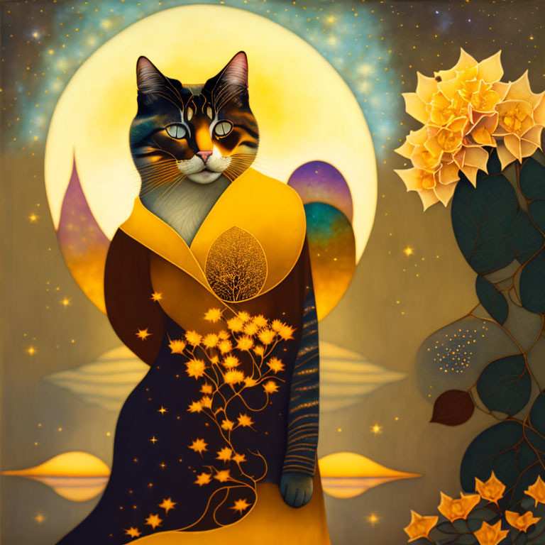 Illustration of cat with plant coat and celestial elements in moonlit scene