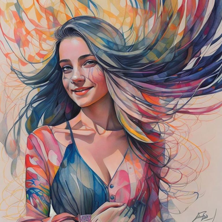 Vibrant digital artwork: Woman with flowing hair and patterned garment