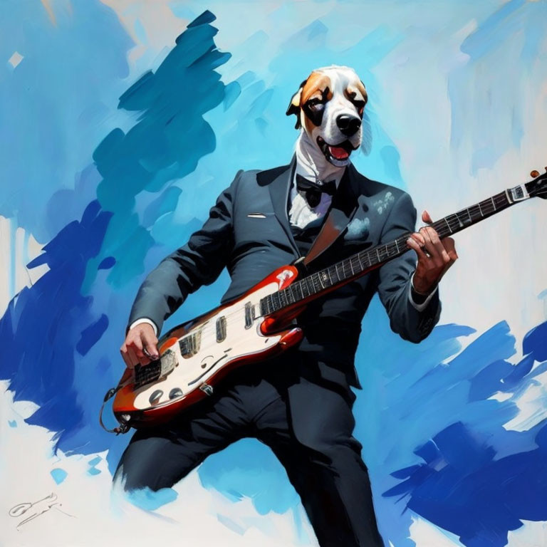 Dog in Suit Playing Electric Guitar on Blue Brushstroke Background