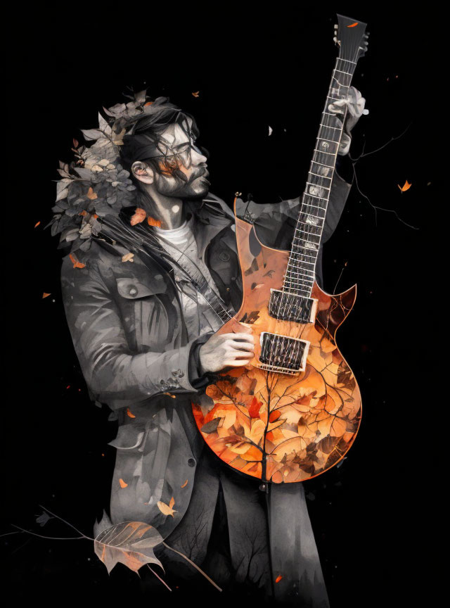 Man Playing Orange Guitar Surrounded by Autumn Leaves on Dark Background