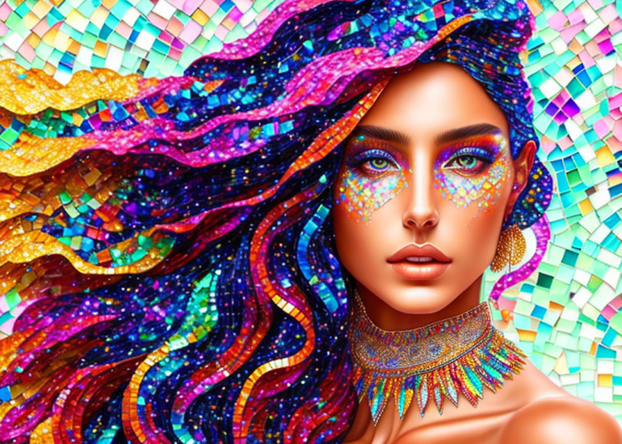 Colorful digital artwork of a woman with glittering hair and makeup on mosaic background