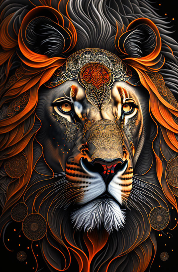 Detailed Lion Head Artwork with Tribal and Mandala Patterns in Orange, Black, and Gold on Dark