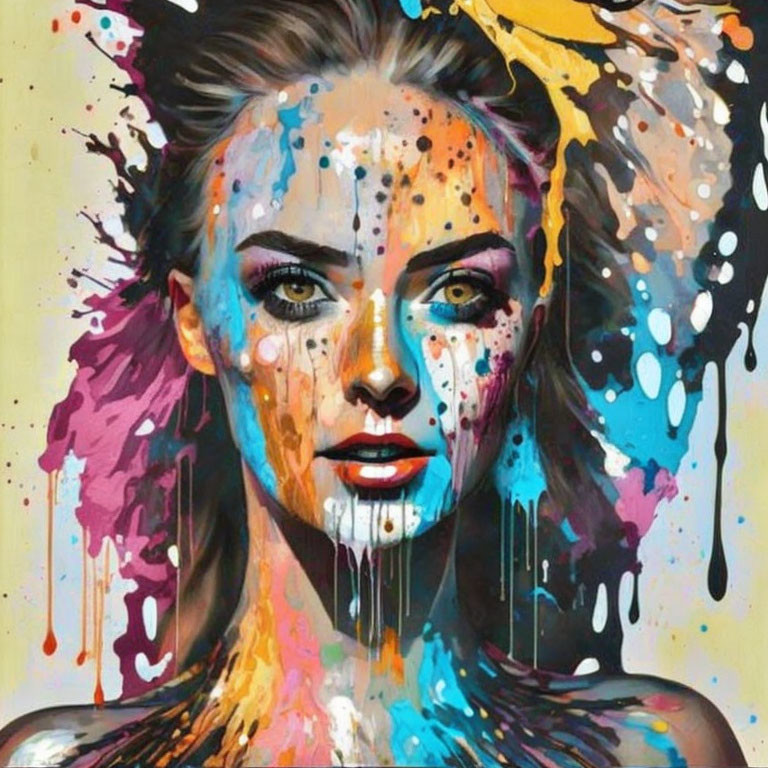 Vivid Dripping Paint Portrait of Woman on Neutral Background