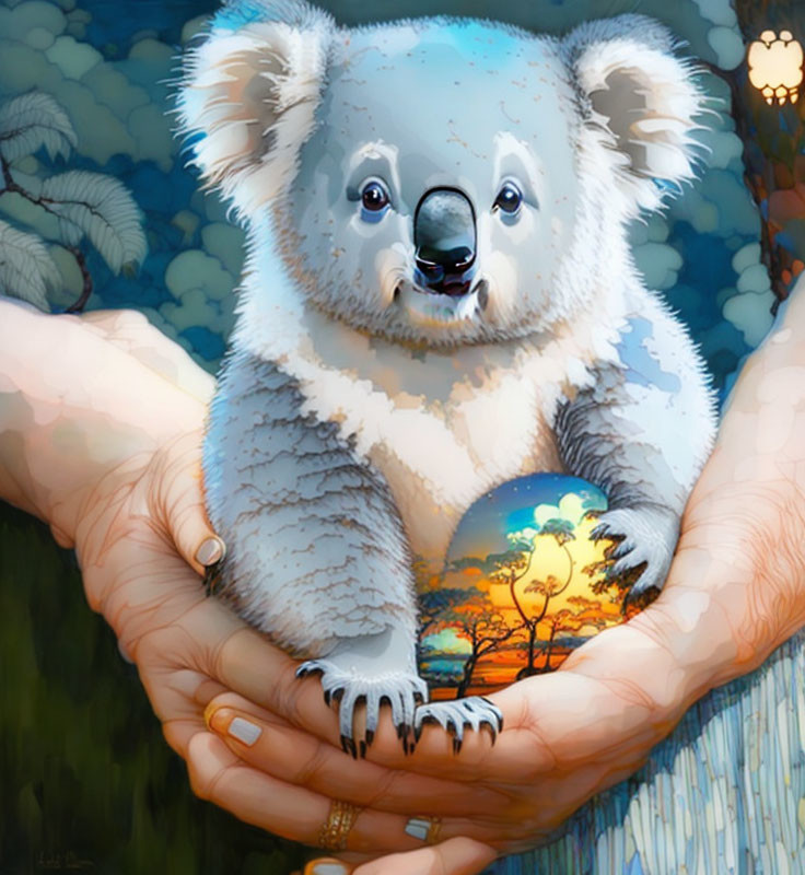 Koala illustration cradled in hands with vibrant sunset and tree reflections