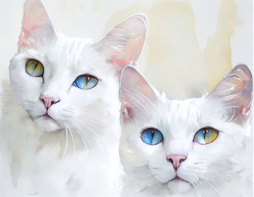 White Cats with Heterochromia in Watercolor Portrait