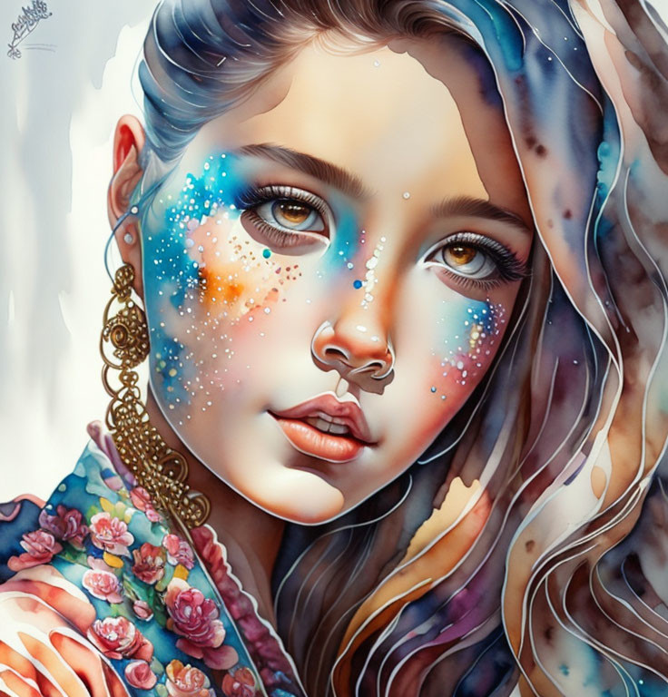 Vibrant girl portrait with galaxy makeup and floral attire