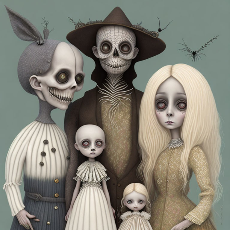 Skull-faced family in vintage attire with surrealistic details