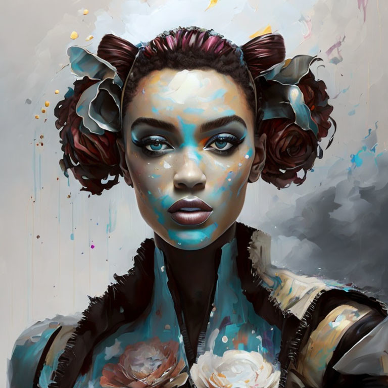 Portrait of woman with blue facial markings, floral buns, and intense gaze