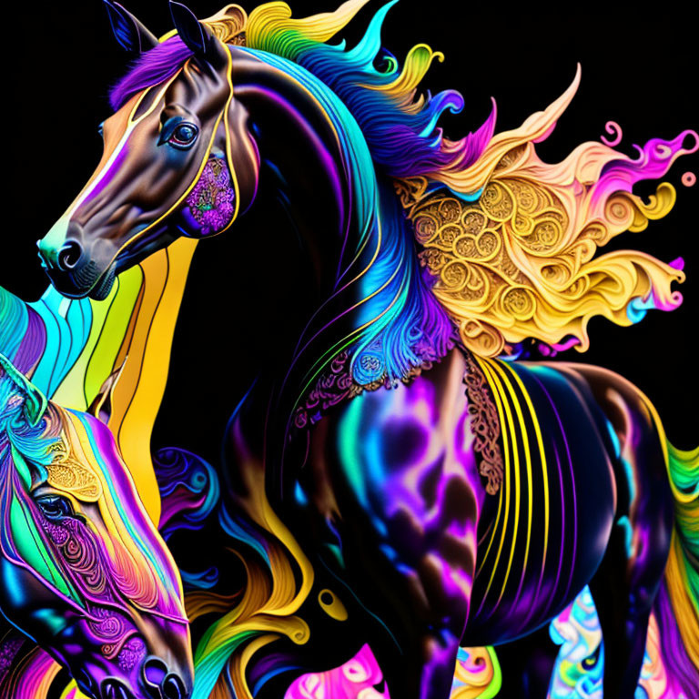 Colorful horse digital artwork on black background