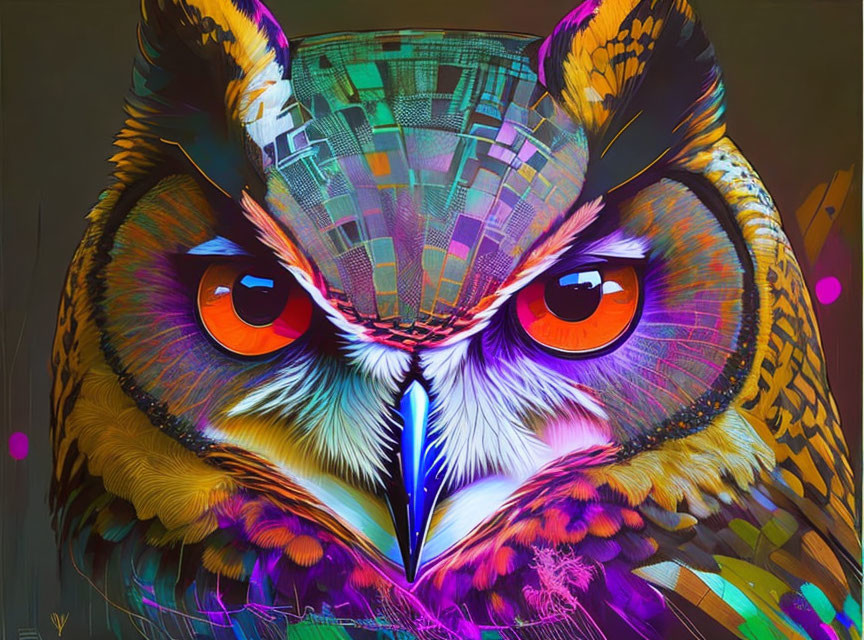 Colorful Owl Artwork with Orange Eyes and Geometric Patterns