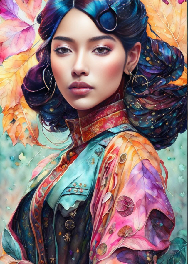 Colorful portrait of a woman in vibrant attire among fantastical foliage