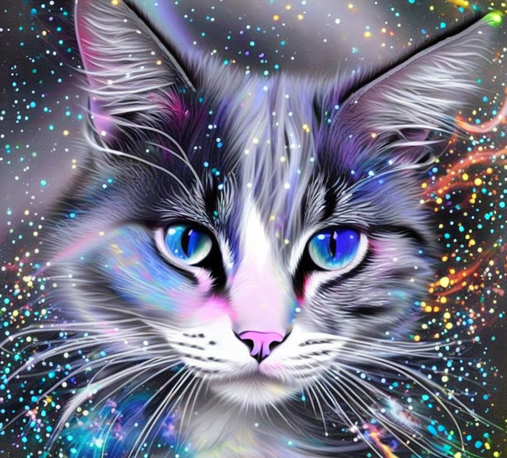 Colorful Digital Artwork: Cat with Blue Eyes in Cosmic Setting