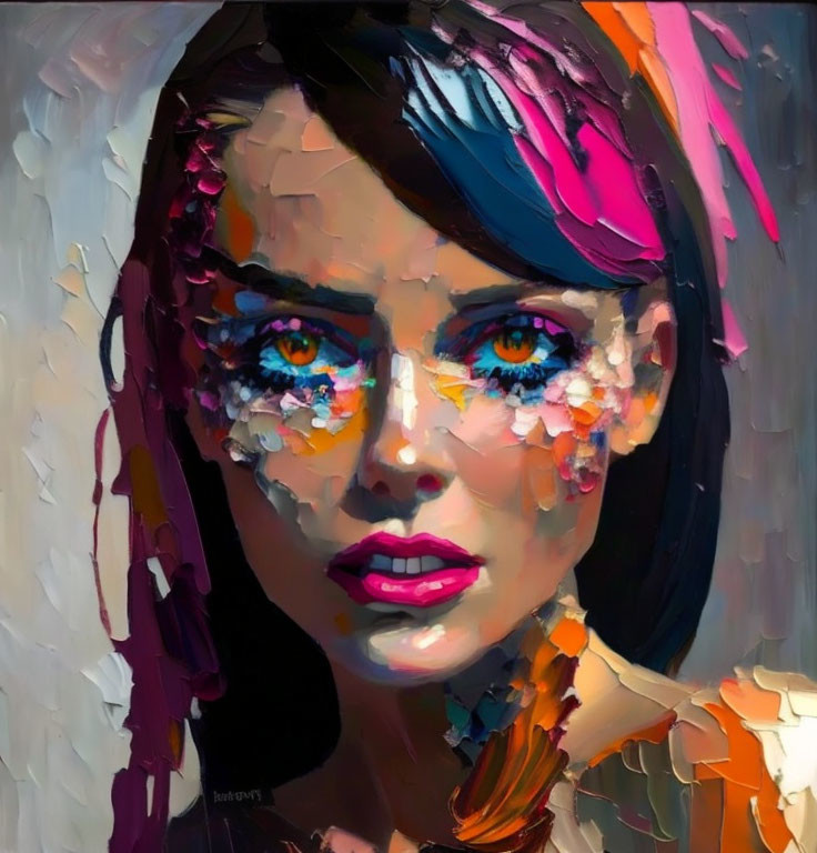 Vibrant expressionist-style portrait of a woman with colorful features