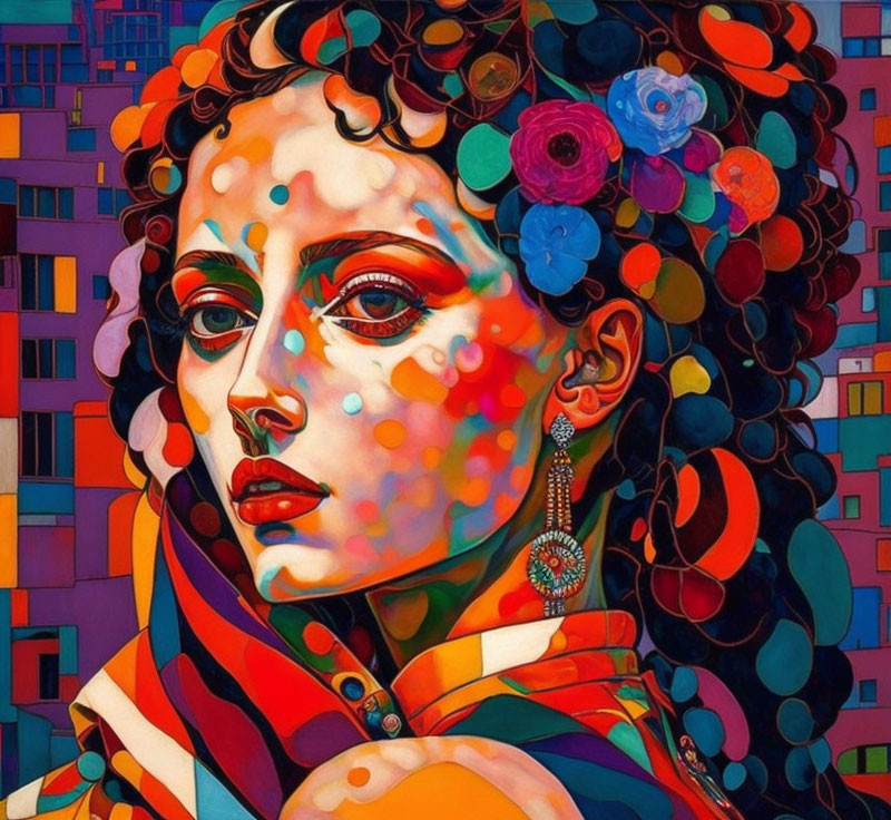 Vibrant portrait painting of a woman with floral hair decorations