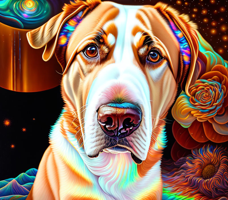 Colorful Psychedelic Dog Portrait with Space Background