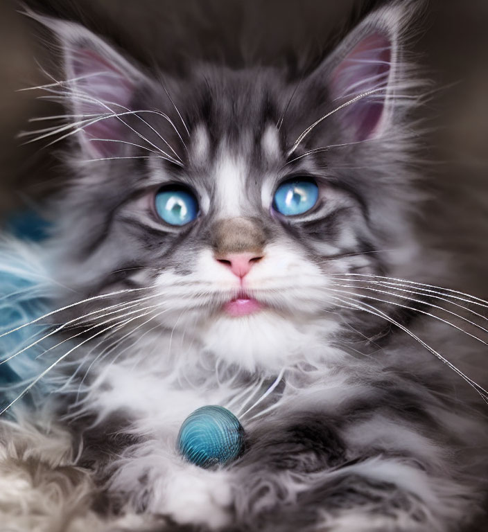 Gray and White Kitten with Blue Eyes and Ball on Soft Surface