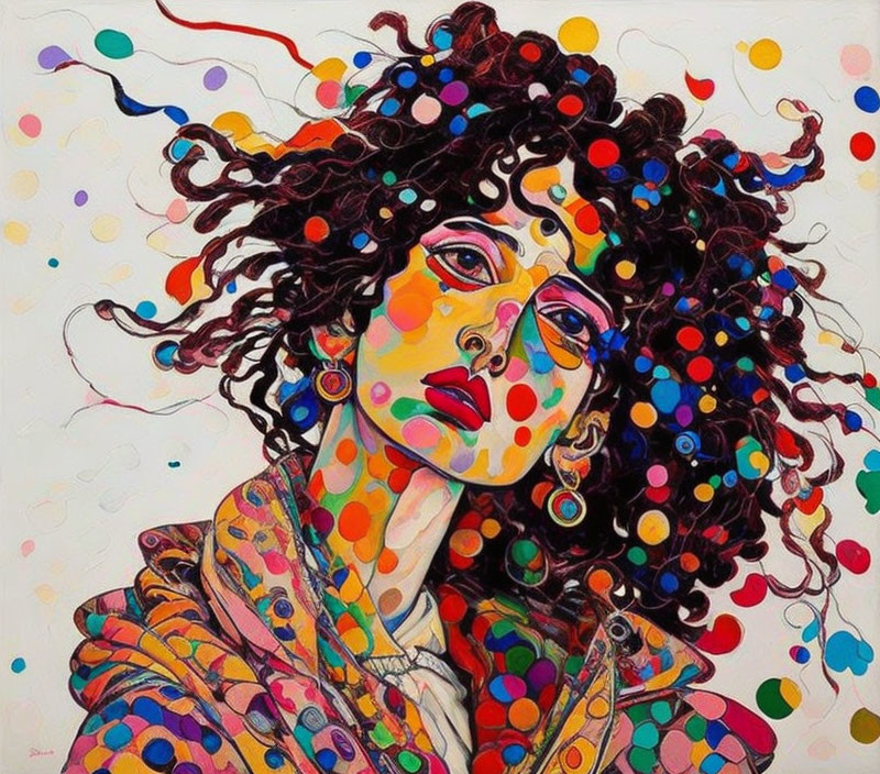 Colorful Abstract Portrait of Woman with Curly Hair and Bright Patterns